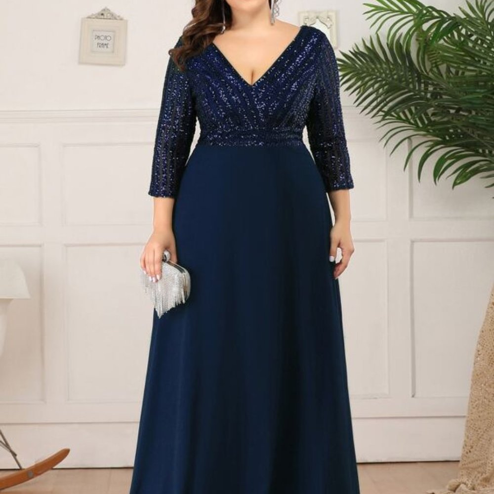 Navy sequin bodice formal dress  3/4 length sleeves.